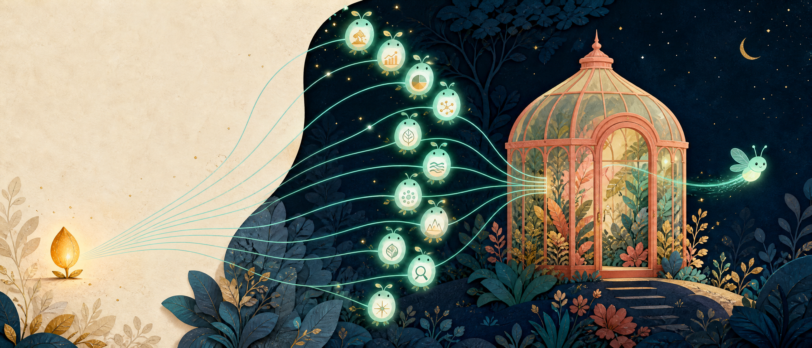 A playful night-garden illustration of one inquiry branching to ten small research sprites, gathering in a synthesis greenhouse, and departing as a final briefing firefly.
